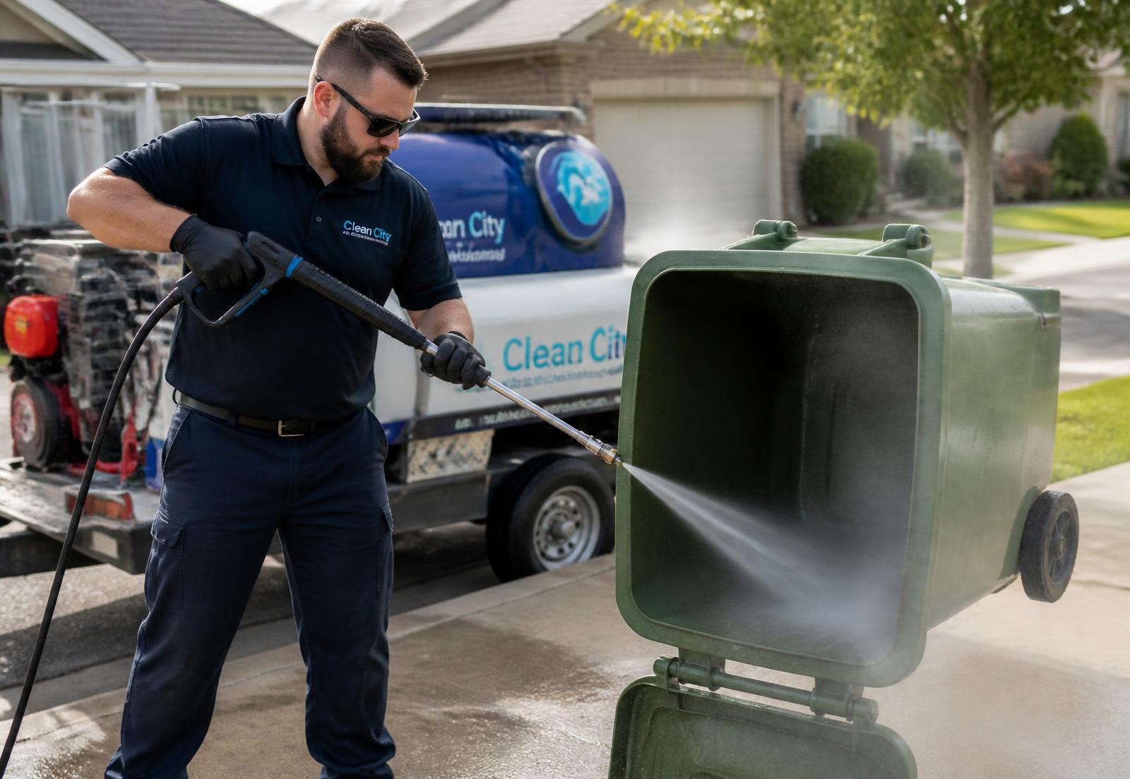 FreshBin technician pressure washing the inside of a residential trash bin on a driveway